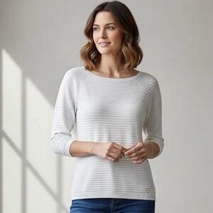 Escada Women's Cream Ribbed Knit Top Italian Designer Bateau Neck L Quiet Luxury